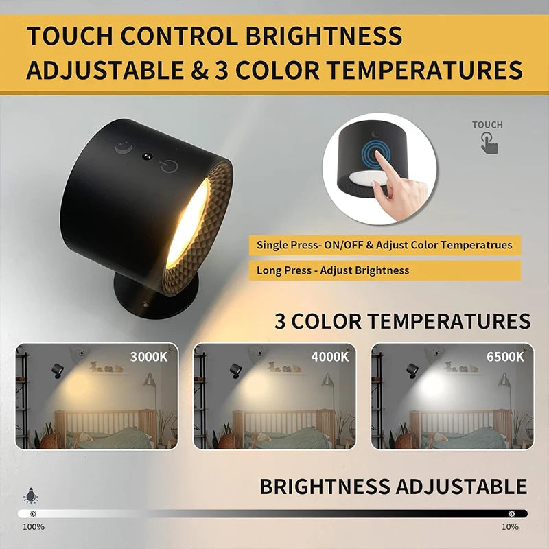 360° LED Dual Head Wall Lamp – Touch Control, USB Rechargeable & Portable