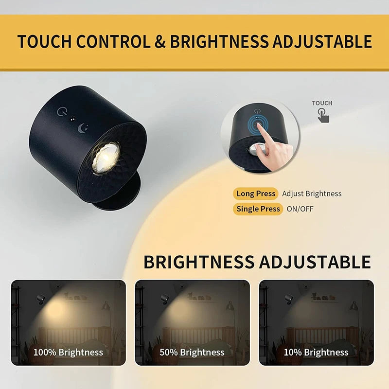 360° LED Dual Head Wall Lamp – Touch Control, USB Rechargeable & Portable